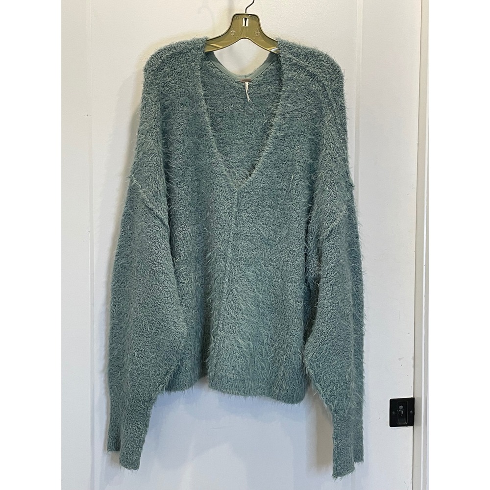 Free People Fuzzy Sweater Green Oversized V Neck Pullover Chunky Cozy Size Large